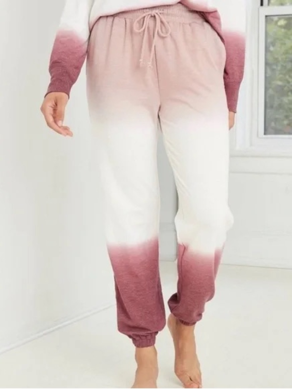 Large Knox Rose ombré dip dye White Burgundy pink Jogger Sweatpants drawstring